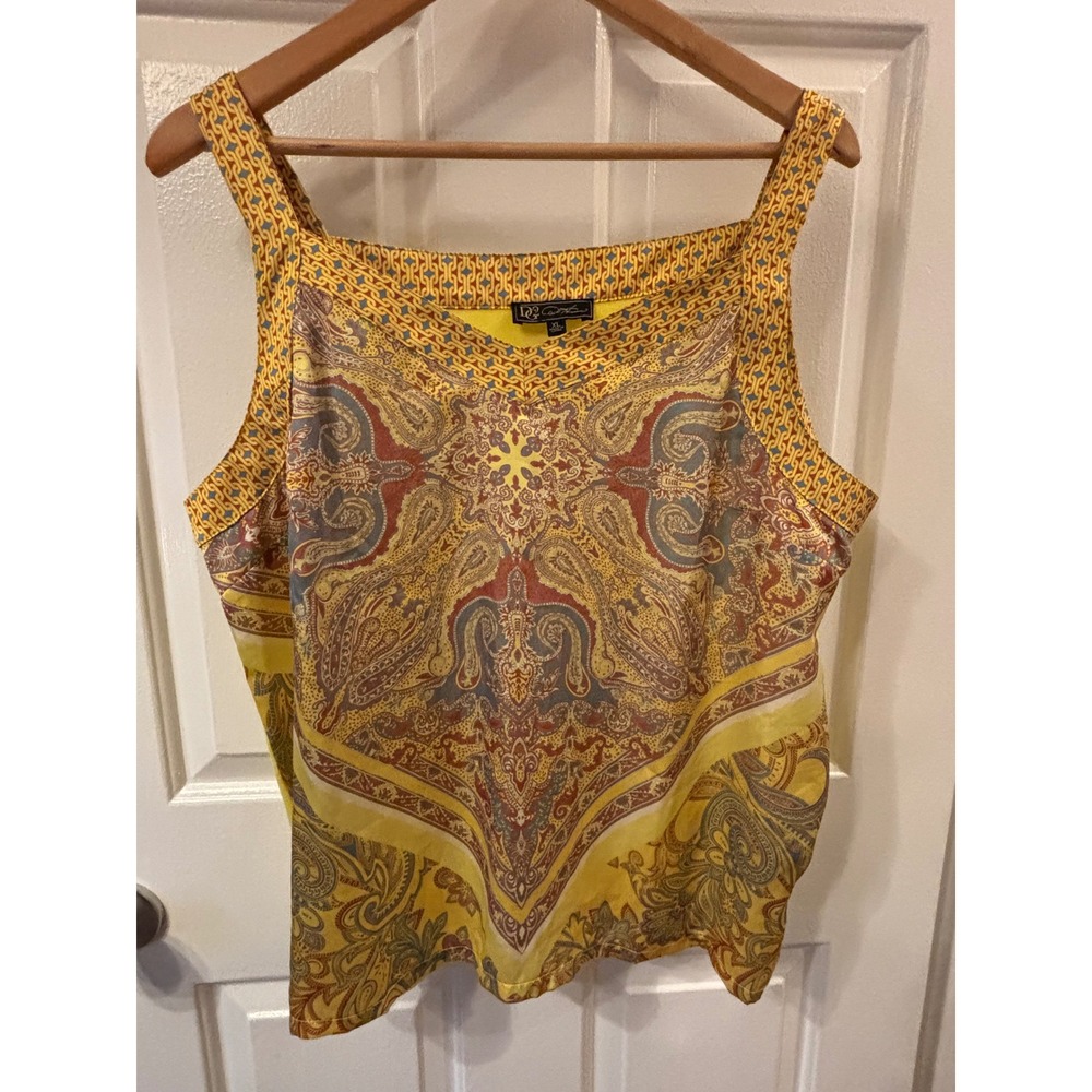DG2 Diane Gilman Yellow Paisley Mixed Print Tank Top Square Neck Sleeveless ~ XL
